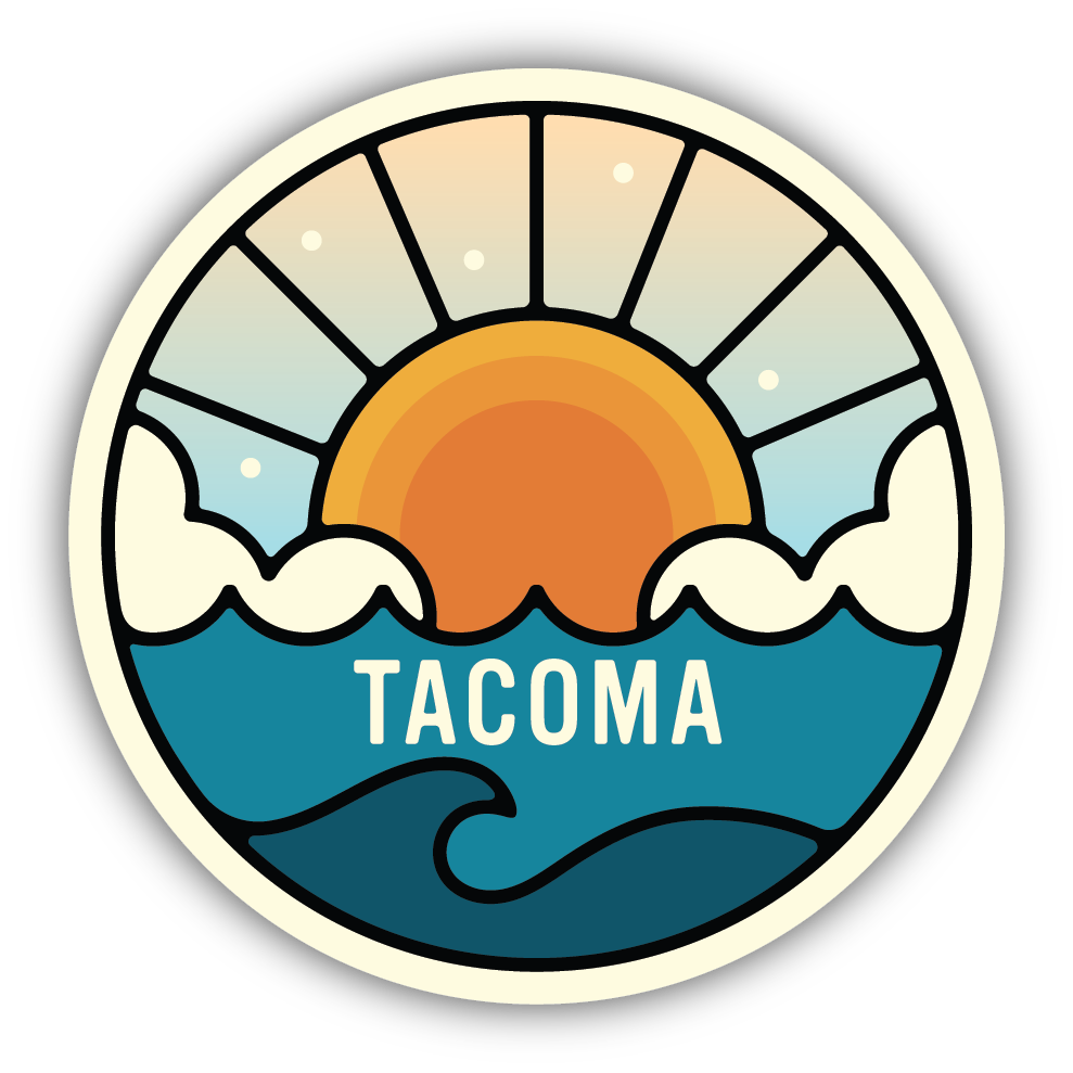 Sticker with a sunset and waves design and 'Tacoma' text on a white background