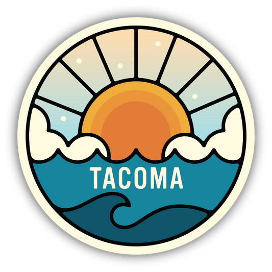 Sticker with a sunset and waves design and 'Tacoma' text on a white background