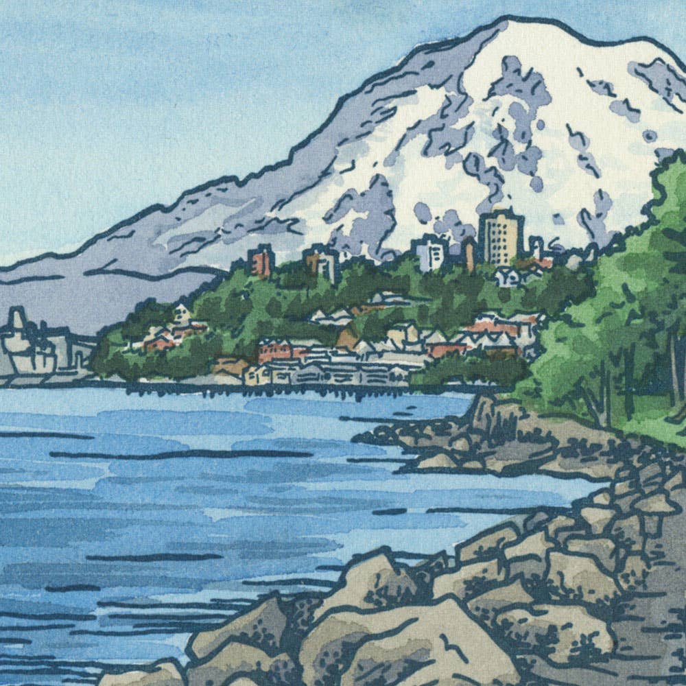 A stylized landscape illustration showing a rocky shoreline with blue water in the foreground, a small town with buildings and trees along the midground, and a large snow-capped mountain under a pale blue sky in the background.