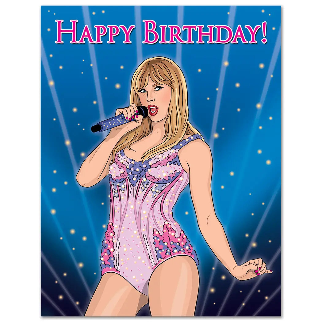 Taylor Swift in an outfit from her Era's Tour singing. Happy Birthday in red text along the top