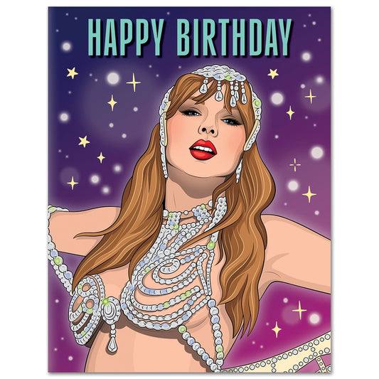 Taylor Swift in an outfit from her Showgirl Era. Happy Birthday across the top in mint. 