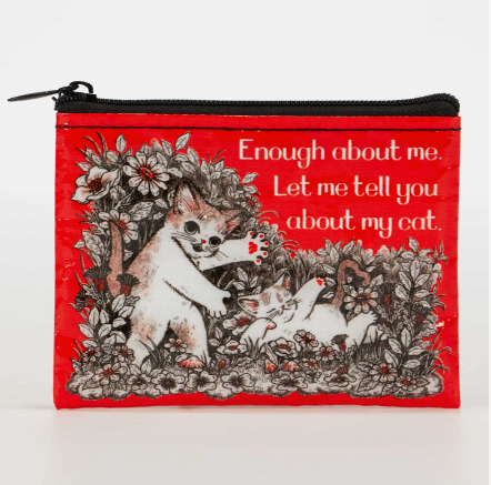Red pouch with cat illustration and text on a white background