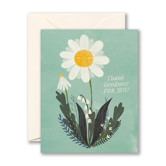 Blue card with a smiling daisy 
Card reads: thank goodness for you