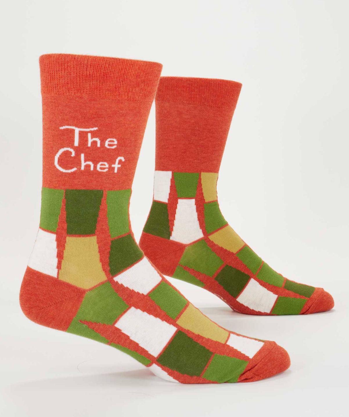 Colorful socks with geometric pattern and 'The Chef' text on a white background