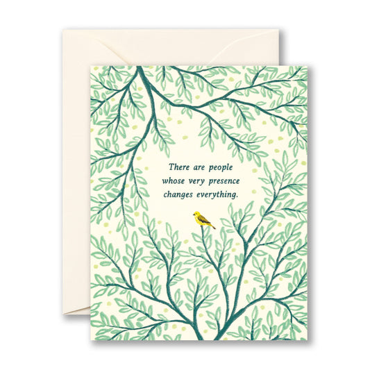 Greeting card with leaf pattern and motivational quote on a white background