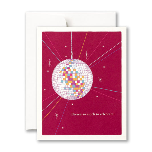 Greeting card with a disco ball on a pink background and 'There's so much to celebrate!' text.