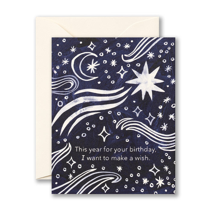 Birthday card with the moon and stars. "This year for your birthday, I want to make a wish."