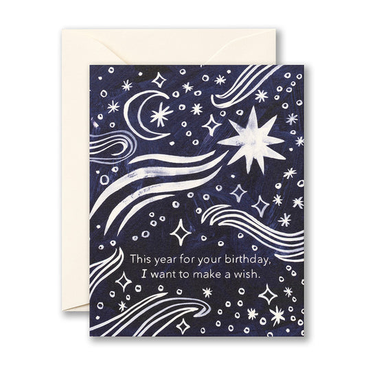 Birthday card with the moon and stars. "This year for your birthday, I want to make a wish."