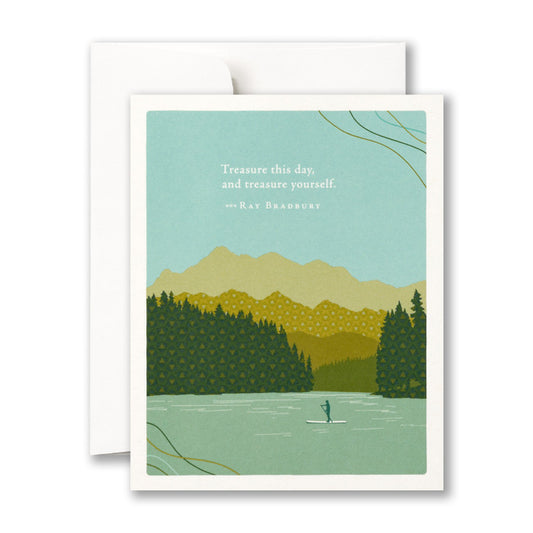 Greeting card with a scenic illustration of a person on a lake and mountains, featuring a quote.