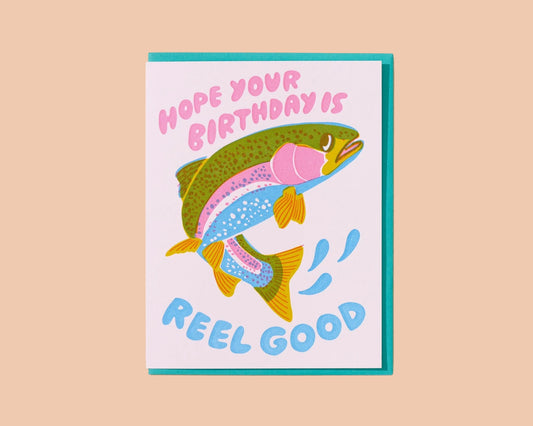 Greeting card with fish illustration and text on a beige background