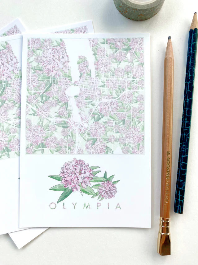 Postcard with a map of Olympia, drawing of rhododendron's and 'Olympia' text on a white card