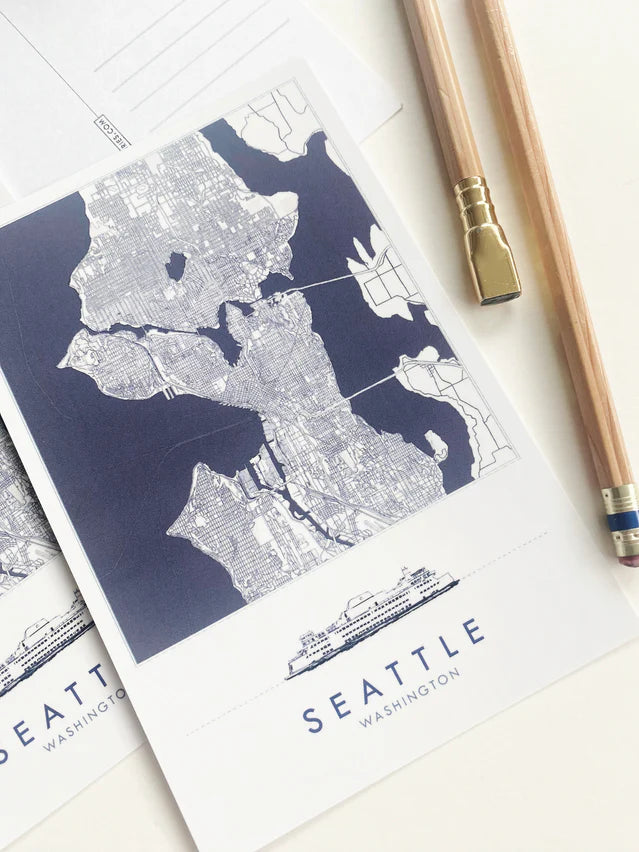 Turn of the Centuries - Seattle, Washington "Blueprint" Map Postcard