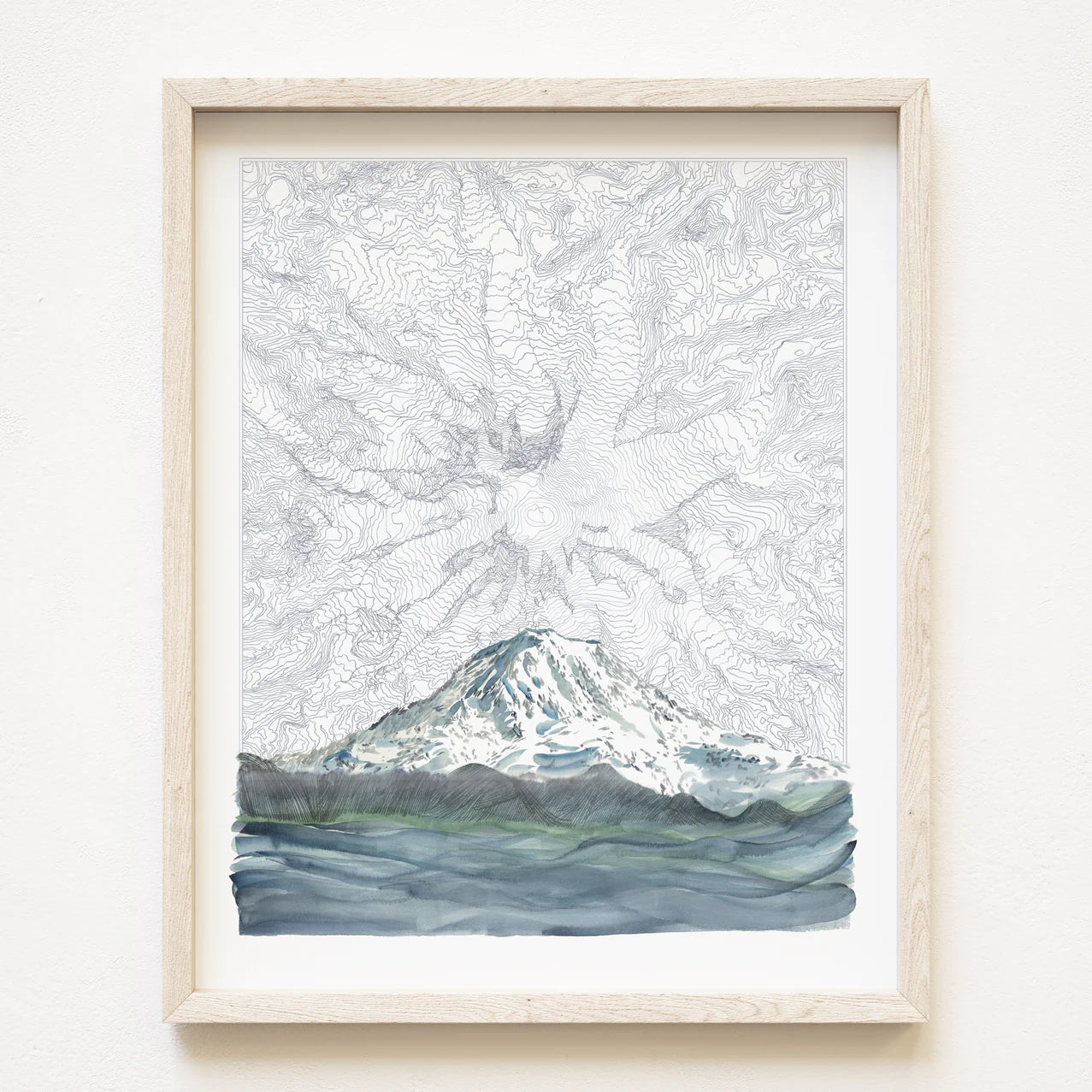 Framed artwork of a mountain landscape with a light frame. Item for sale is just the painted landscape of Mount Rainier. 