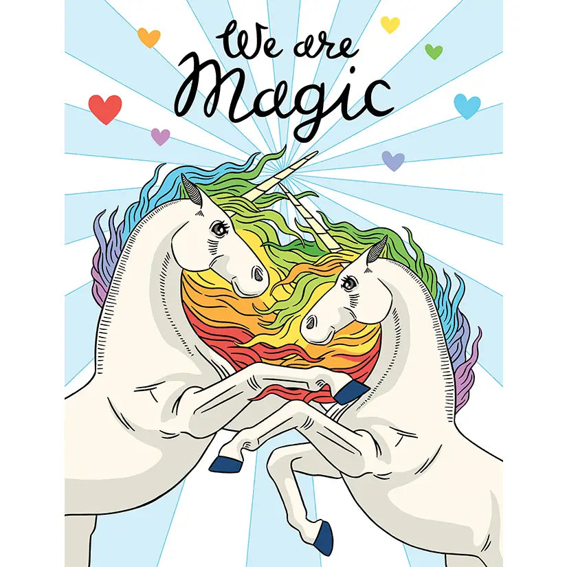 Two unicorns with rainbow colors and 'We are Magic' text on a light blue background with hearts.