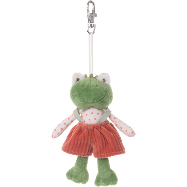 Plush frog prince keychain in red pants with suspenders and a polka doted shirt