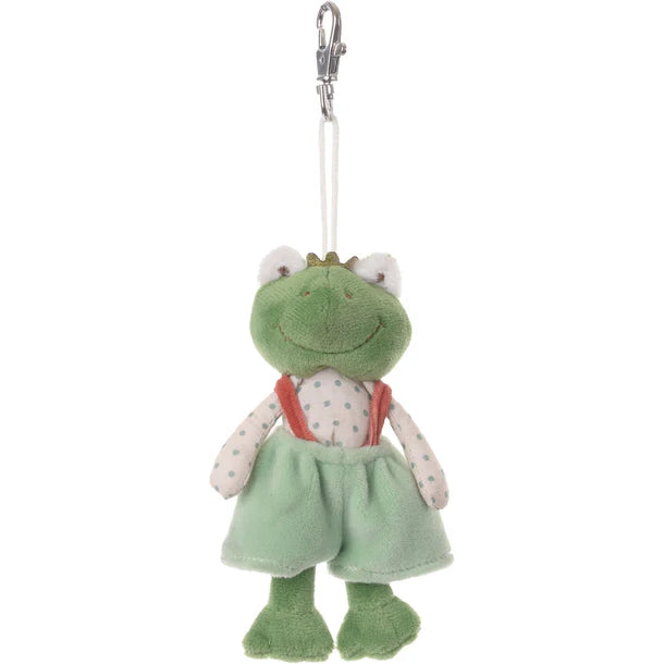 Plush frog prince keychain in green pants with suspenders and a polka doted shirt