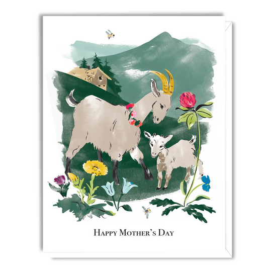 White greeting card featuring a green mountain with flowers and goats above the words "happy mother's day".