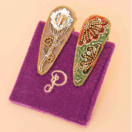 Floral Stem & 60s Abstract Jeweled Hair Clips - Sage