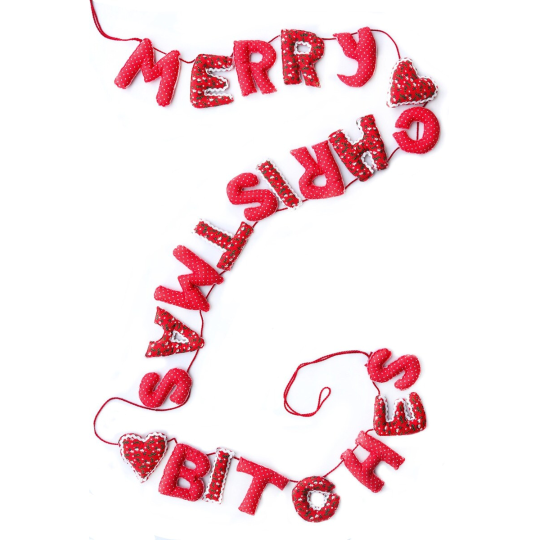 Red calico garland in a vintage style that says " MERRY CHRISTMAS BITCHES" in puffy stuffed letters. Words are separated by hearts.