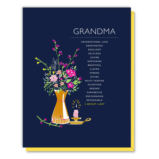 Navy blue greeting card featuring an orange vase of flowers next to the word "grandma".