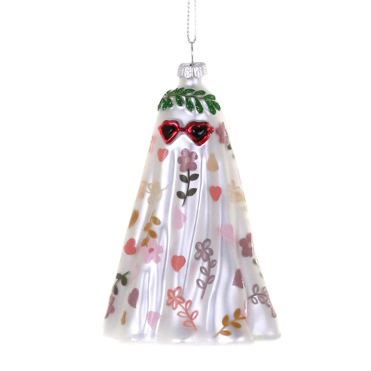 Ghost ornament in a floral sheet with a flower crown and heart-shaped glasses