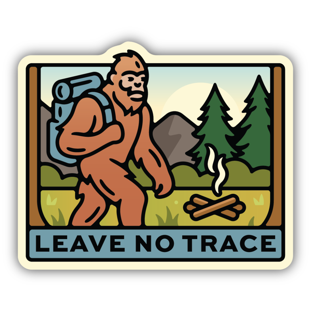 Rectangular sticker of a brown sasquatch carrying a blue backpack in front of a campfire featuring the words "leave no trace" underneath it.