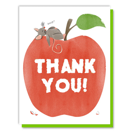 White greeting card with a big red apple with a mouse sitting atop of it. The words "thank you!" in big white letters across the apple.