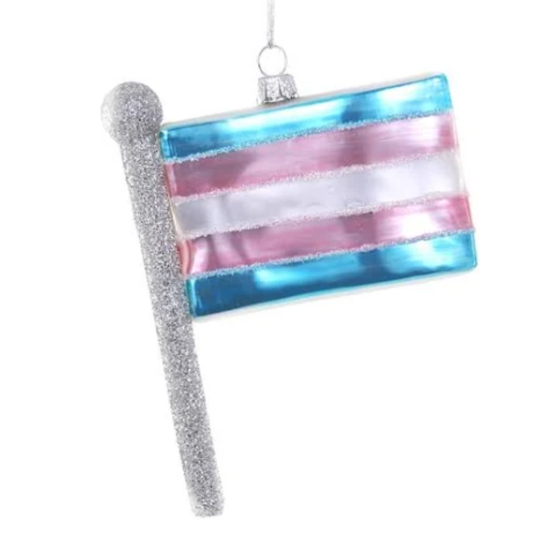Glass Trans Pride Flag Christmas ornament is light blue, pink, and white on a silver flag pole