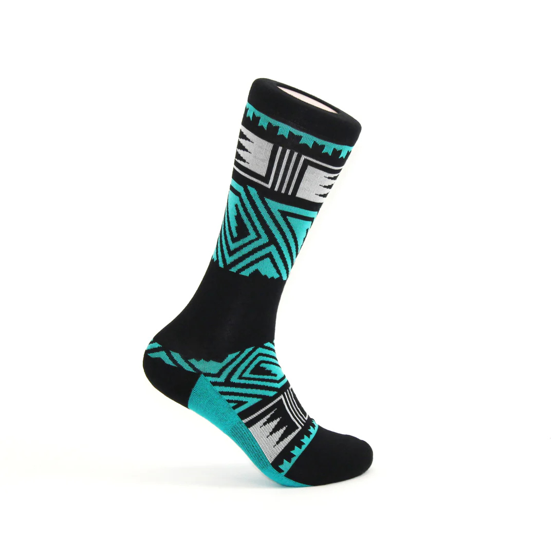 Black, teal and white patterned crew sock featuring a maze design.