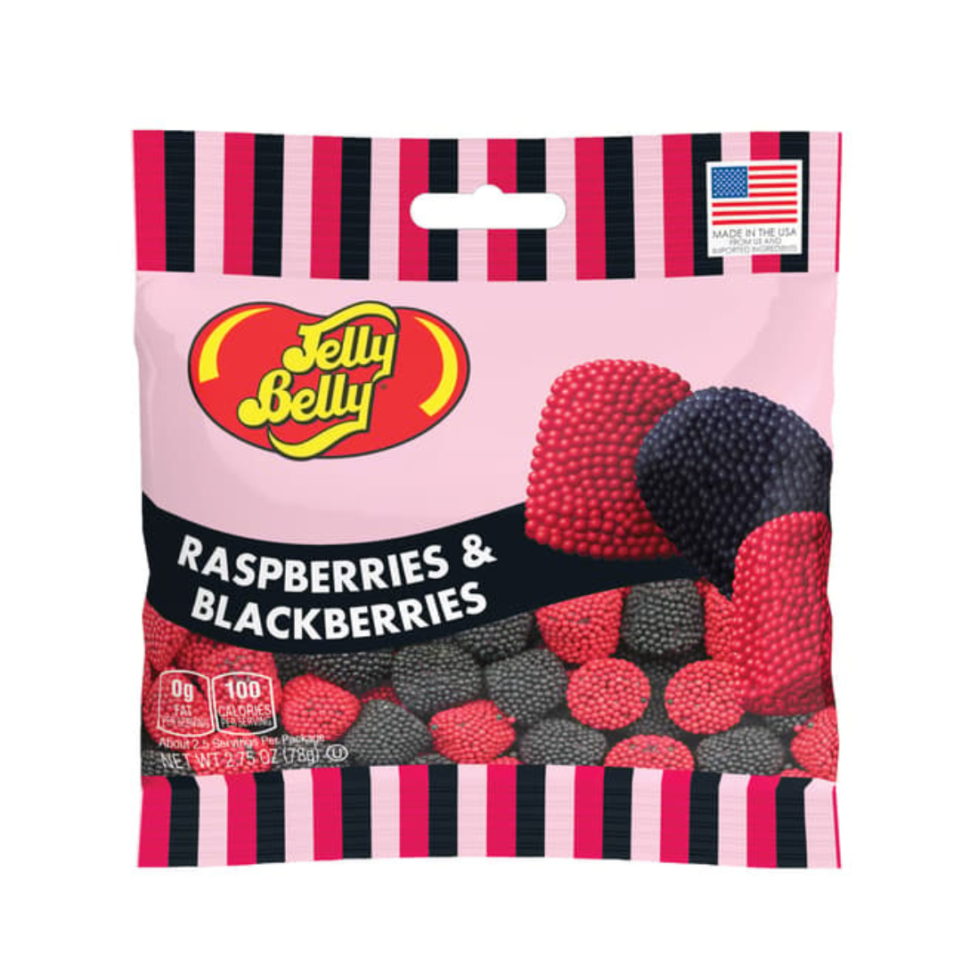 Square bag of Jelly Belly raspberries & blackberries candy features a pink, black and red striped design and a pink background with the red Jelly Belly logo.