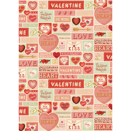 Wrap featuring a pink and red design of mismatched hearts, envelopes, arrows and words like "sweet", "valentine" and "be mine".