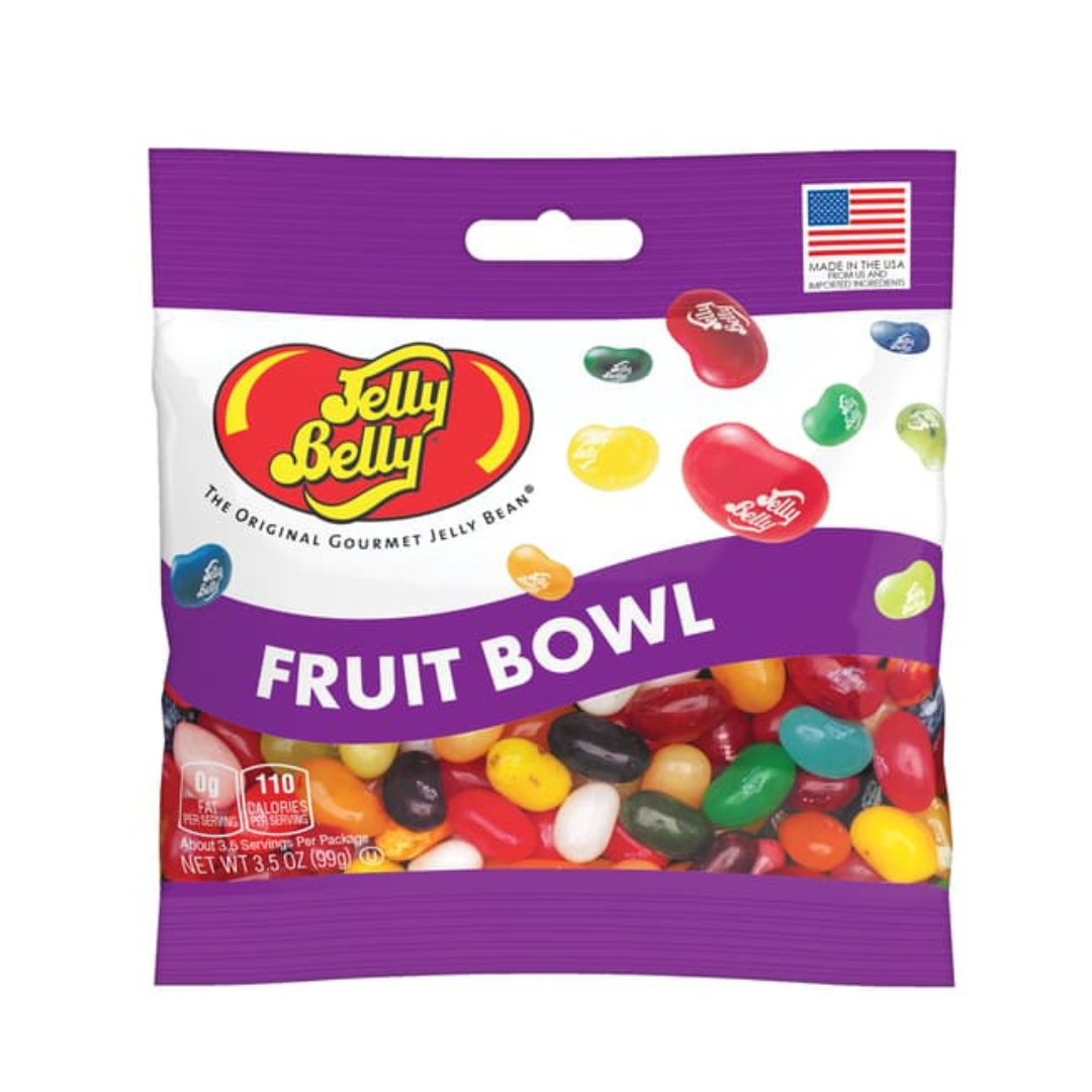 Purple and white bag of Jelly Belly jelly beans with the flavor title "fruit bowl" across the center of the bag.