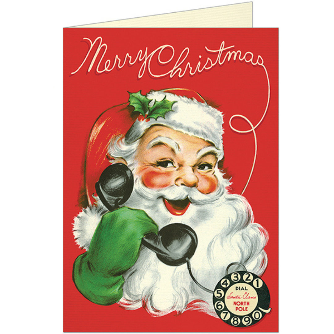 Red Christmas greeting card featuring a vintage Santa with rosy red cheeks and holly in his hat, holding a black rotary phone with the words "Merry Christmas" above in white cursive.