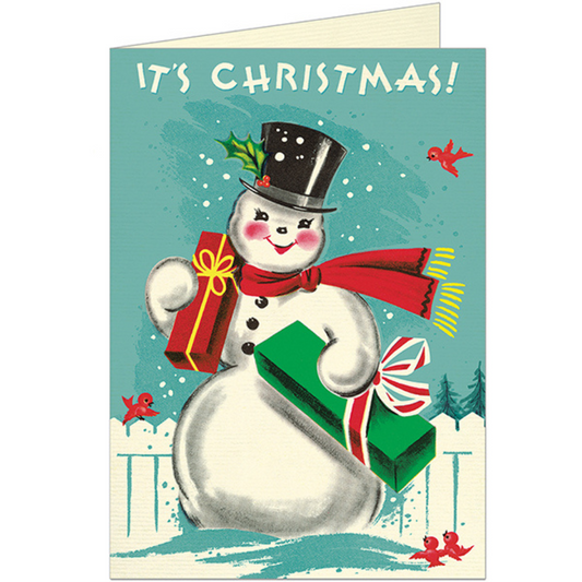 Teal holiday greeting card featuring a vintage looking snowman wearing a black top hat with holly and a red scarf, holding a red gift and a green gift while standing in the snow. The words "it's Christmas!" appear above in white.