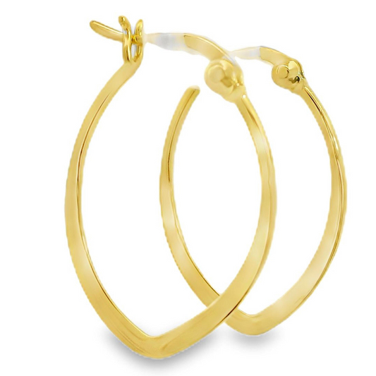 Gold oval shaped hoop earrings with a French lock closure.