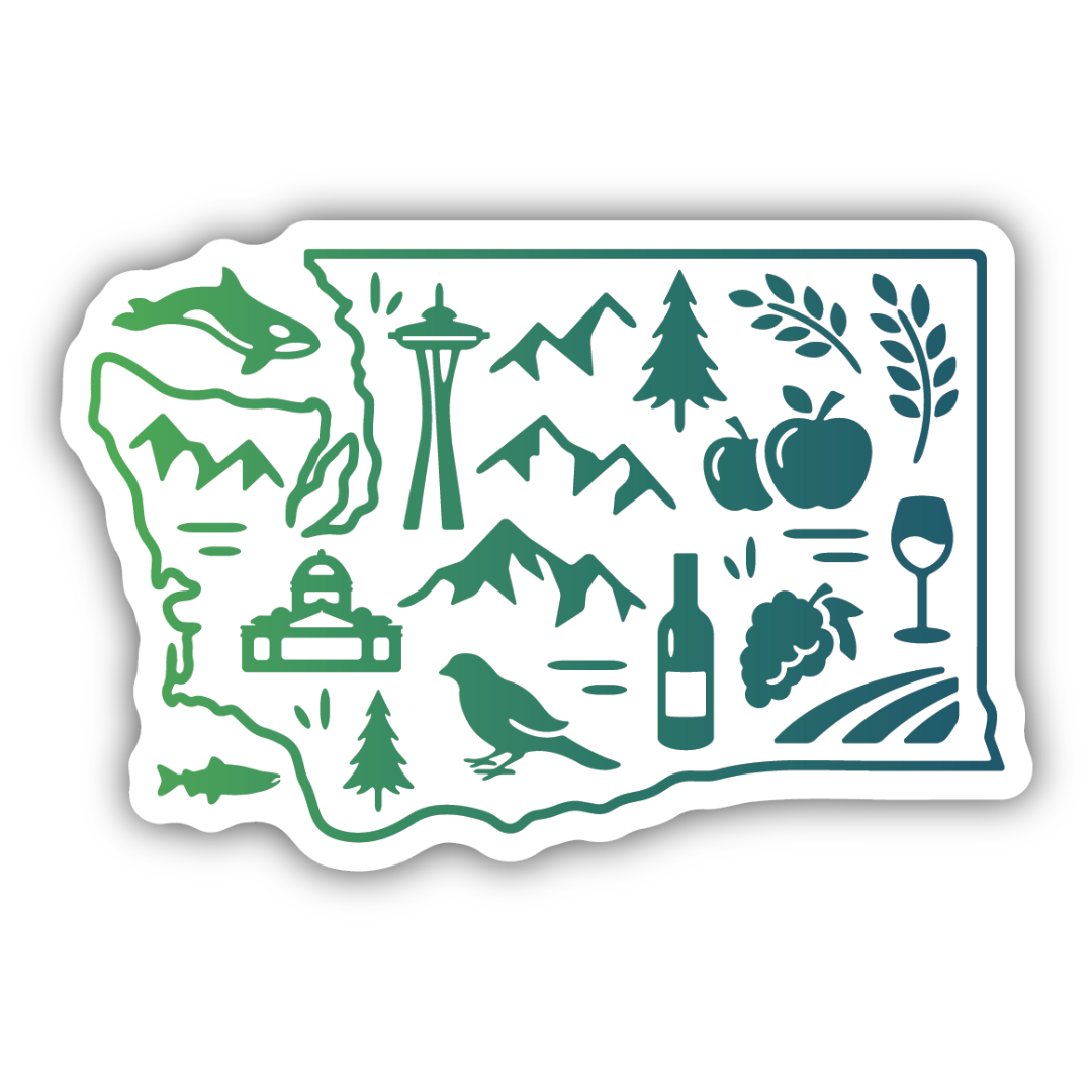 White sticker in the shape of Washington state featuring a blue and green border and filled with icons of different items Washington state is known for: apples, wine, birds, mountains, fish, trees, the capitol and the Space Needle.