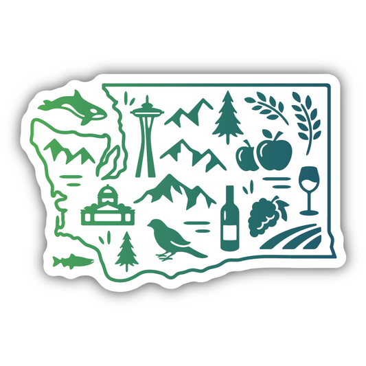 White sticker in the shape of Washington state featuring a blue and green border and filled with icons of different items Washington state is known for: apples, wine, birds, mountains, fish, trees, the capitol and the Space Needle.