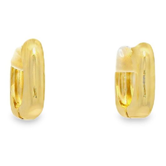 Gold huggie hoop earrings in a square shape with a rounded edge.