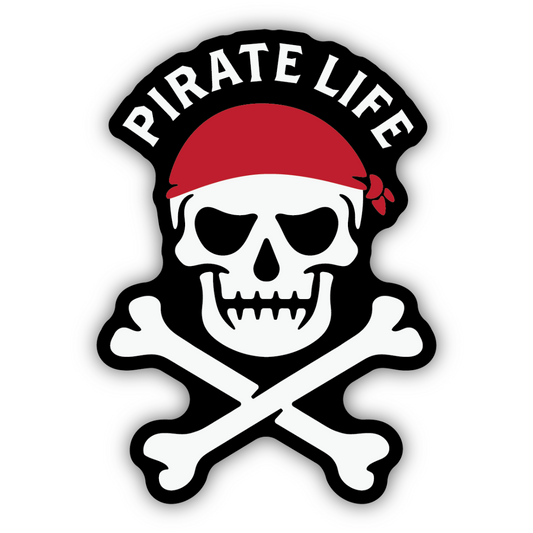 Pirate skull wearing a red bandana with cross bones and the words "pirate life" above it.