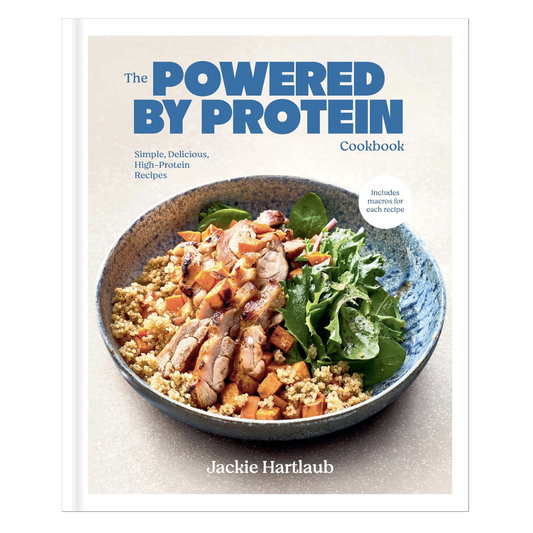  'The Powered by Protein Cookbook' features an image of chicken and greens in a blue and white bowl
