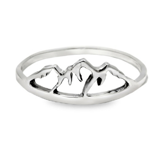 Silver banded ring featuring a mountain range design.