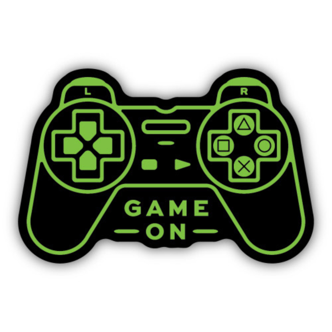 Black and bright green PlayStation controller shaped sticker with the words "game on" underneath.