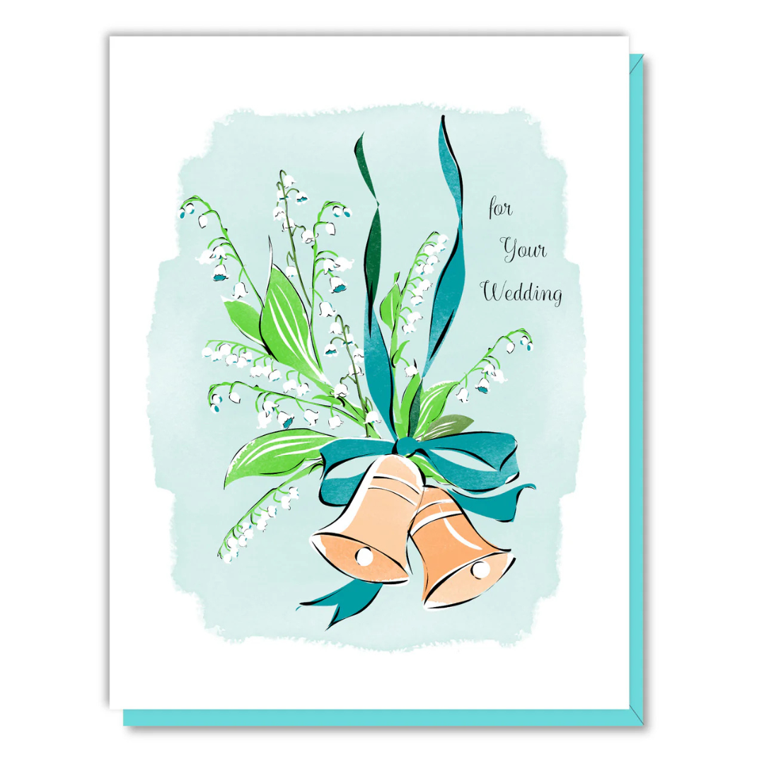 White and blue greeting card featuring green and white floral design with a darker blue ribbon surrounding bronze colored wedding bells, all next to the words "for your wedding".