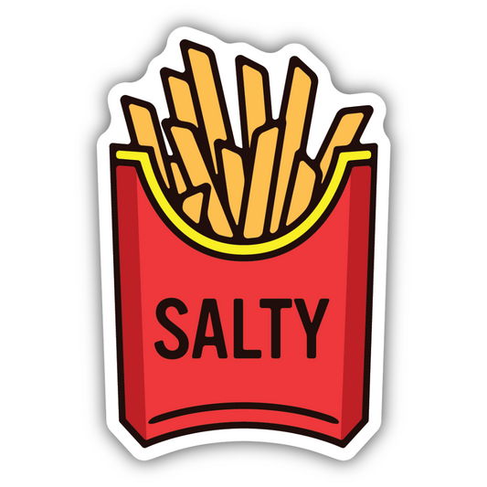 Sticker in the shape of a red fry box full of yellow french fries with the word "salty" on the box.