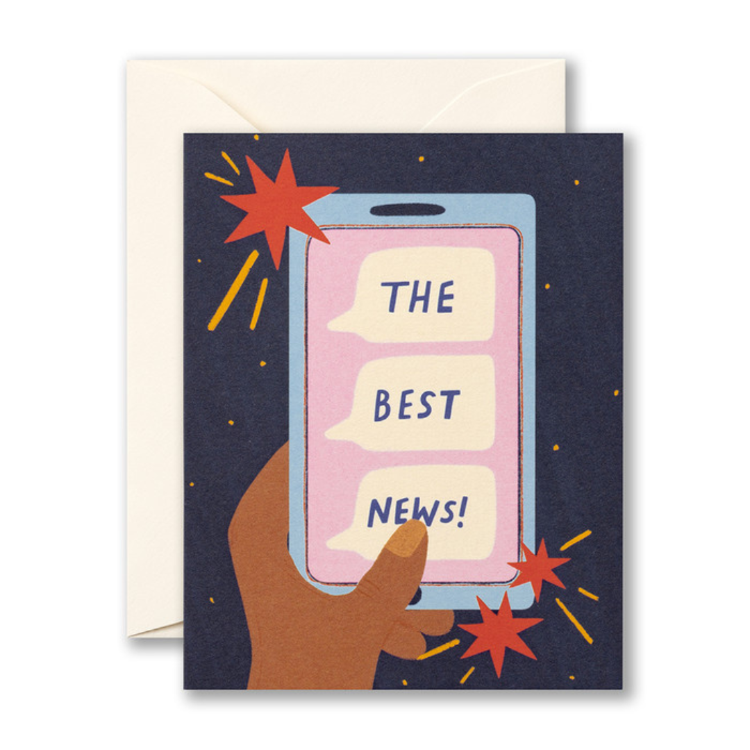 Navy blue greeting card featuring red and gold fireworks and a screen reading the words "THE BEST NEWS!" in blue writing.