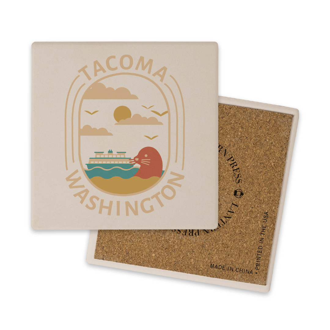 White square ceramic coaster with a corkboard backing and featuring a Tacoma skyline image with a seal and ferry boat in the water surrounded by the words "Tacoma, Washington".