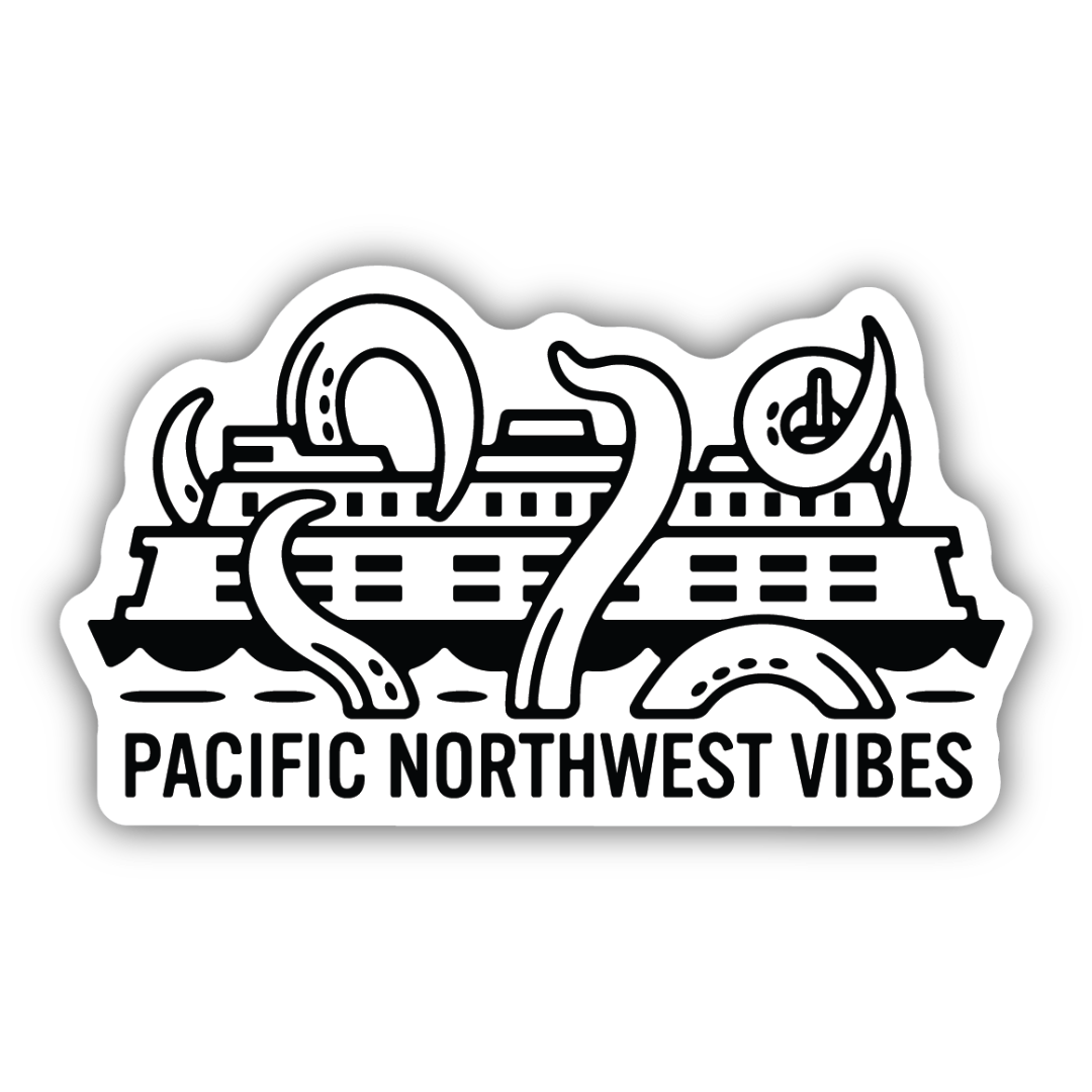 Black and white sticker of a ferry boat surrounded by a kraken featuring the words "Pacific Northwest vibes".