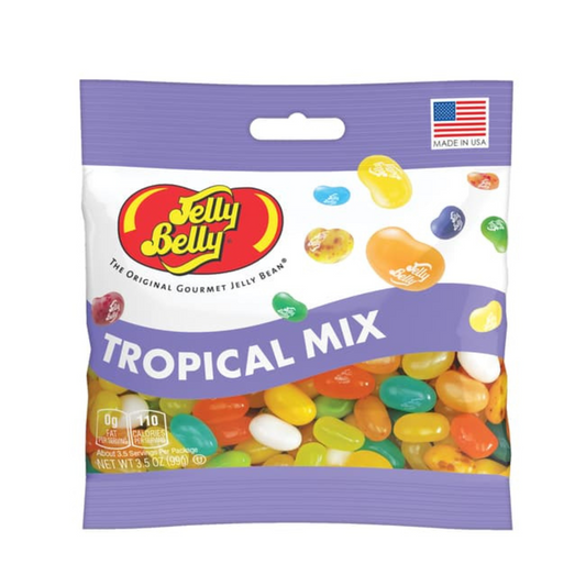 Purple and white bag of Jelly Belly jelly beans featuring the flavor title "tropical mix" across the center.