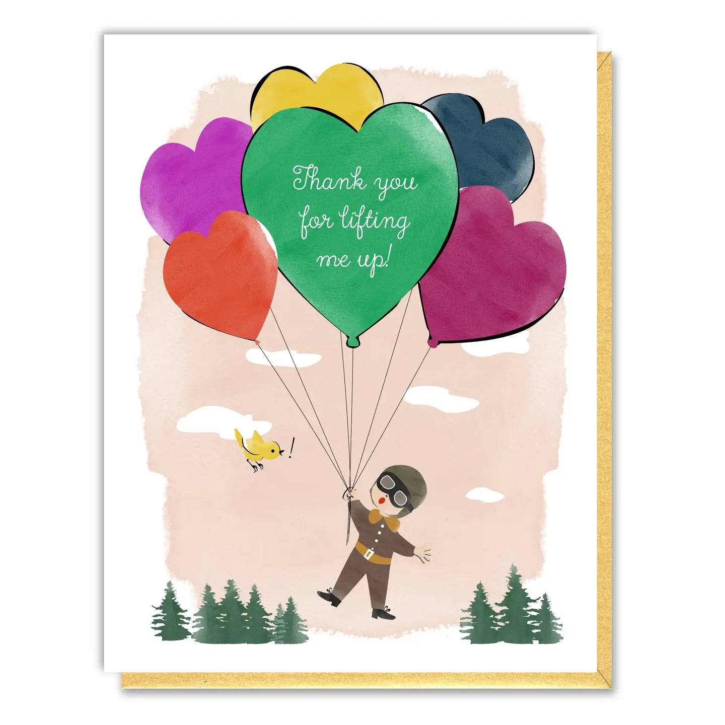 Card with colorful heart-shaped balloons and a person being lifted by them, with a bird and trees in the background.