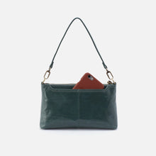 Load image into Gallery viewer, green leather bag back view pocket holding phone
